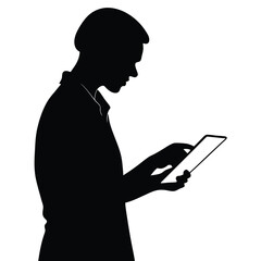 Silhouette of a person using a tablet against a white background