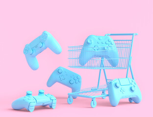 Set of gamer joysticks or gamepads in shopping carts on monochrome background