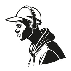 Stylish young man wearing a cap and headphones in black and white illustration