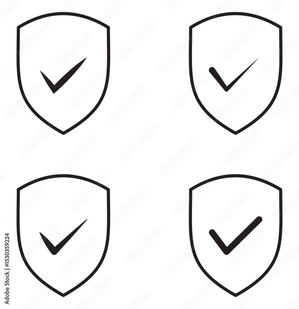 Poster shield with check mark icon simple outline vector. collection of checkmark icon logo on white backgr