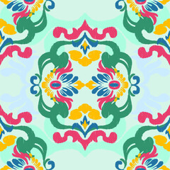 Colorful Symmetrical Floral Pattern with Ornamental Curves, Seamless floral patterns design for decorative, wall, wallpaper, wrapping paper, fabric, silk, scarf, book, wall, backdrop and etc.