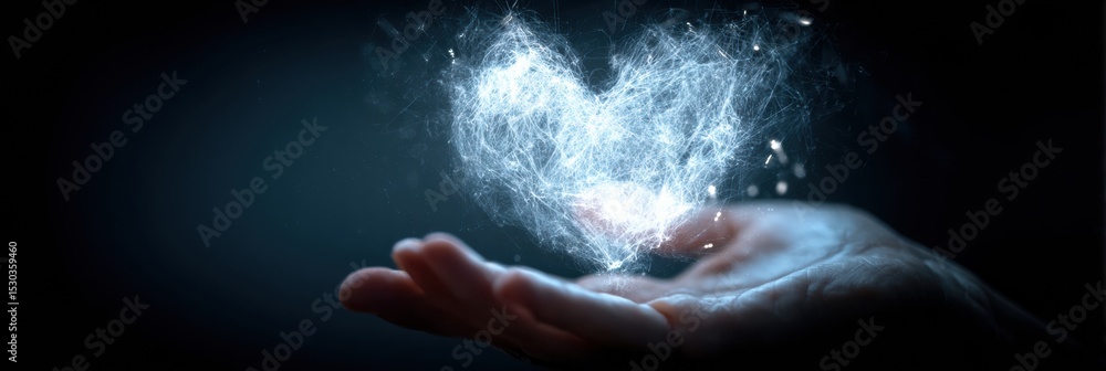 Poster open palm holds a glowing abstract heart in a low light setting with a dark background enhancing the