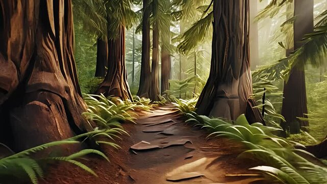 A serene pathway through a lush forest filled with towering trees and greenery.