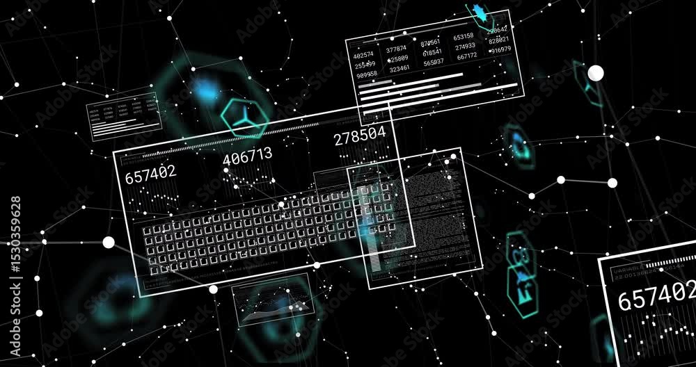 Poster keyboard panel materializing triggers numeric panels refreshing and icons pulsing in data loop