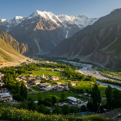 Majestic Mountain Valley Village: Breathtaking Sunrise Panorama on transparent background