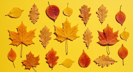 Colorful Autumn Leaves Arranged on Bright Yellow Backdrop