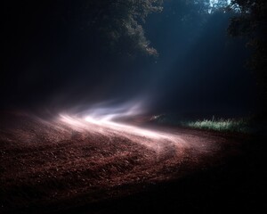 Misty forest path illuminated