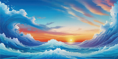 Digital Background in Ocean Blue and Sky Tint Watercolors with Lightness and Flowing Artistic Forms. Blended Blue Water and Sky Painting in Transparent Watercolor Style for Elegant Layouts"