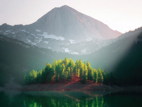 Misty mountain lake scene with illuminated island - Powered by Adobe