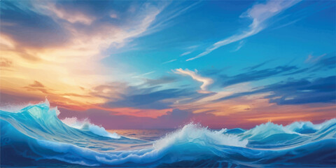 Blue Watercolor Scenery Depicting Horizon Where Sea Touches the Sky with Faded Gradient Textures. Digital Background in Ocean Blue and Sky Tint Watercolors with Lightness and Flowing Artistic Forms