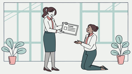 Woman presenting certificate to kneeling woman in office with plants and window, business setting scene is drawn