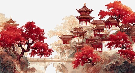 Chinese traditional art landscape with pavilions, red autumn trees, white bridge, ink and watercolor style