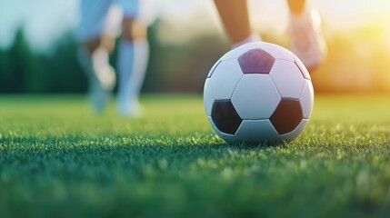 Obraz premium Playing Soccer players practicing drills on the field, working hard while enjoying the game.
