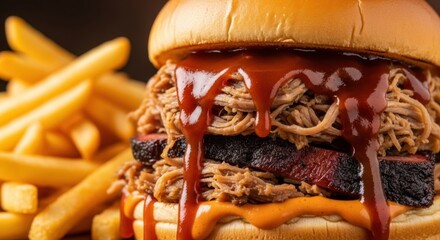 Juicy barbecue pulled pork burger with crispy fries and melted cheese