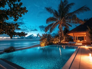 Fototapeta premium Serene Evening Poolside at Tropical Resort Under Starry Sky