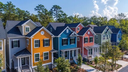 Aerial view of colorful townhouses with dark roofs and green trees
