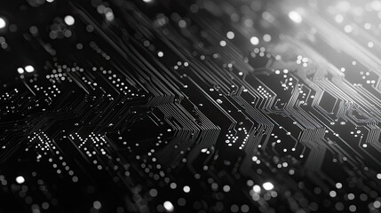 Close-up of a black and white circuit board with glowing points