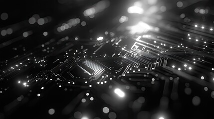 Monochrome image of a glowing circuit board with bokeh lights