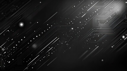 Abstract dark background with circuit board pattern, diagonal lines, and light spots