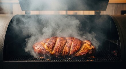 Juicy smoked meat on grill with thick smoke in outdoor bbq cooker