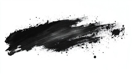 Black paint brush stroke with splatters on white background
