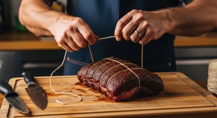 Male preparing seasoned beef roast with string on cutting board in kitchen