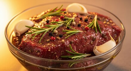 Marinated beef steak in glass bowl with garlic, rosemary, and peppercorns on wooden table