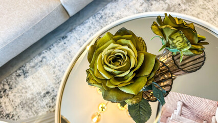 Green Artificial Roses In A Glass Vase On A Round Mirror Table In A Modern Living Room, Daylight, Home Decor Concept, Interior Design Use, Suitable For Real Estate And Lifestyle Promotion