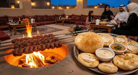 Middle eastern family enjoying traditional barbecue with bread and dip in outdoor setting
