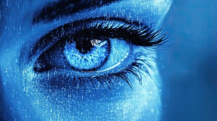 Close-up of a blue eye with digital rain overlay