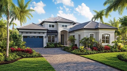 Exterior view of a modern house with palm trees and a blue garage door under a cloudy sky