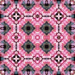 Kaleidoscopic arrangement of pink roses and dark green leaves creates a symmetrical floral design...