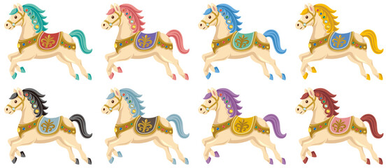 Fototapeta premium レトロでアンティークな陶器製の馬のベクターイラストカラーバリエーションセット(Retro and Antique-Style Porcelain Horse Color Variation Set – Vector Illustration)