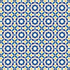 Geometric floral design with blue and yellow elements isolated on white background seamless pattern