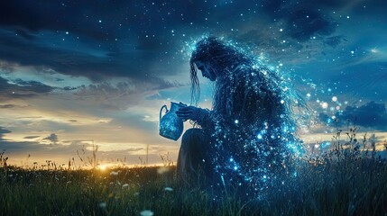 Glowing woman with pitcher in field at sunset