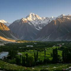 Majestic Himalayan Mountain Village: Sunrise Panorama on transparent background