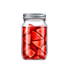 A glass jar filled with vibrant orange watermelon jam, featuring translucent fruit pieces suspended in a glossy syrup. Sealed with a metallic lid, it delivers a sweet, refreshing flavor