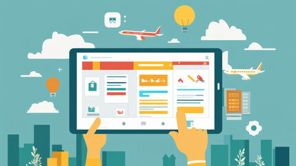 Digital tablet interface with travel-related graphics and icons in a vibrant design.