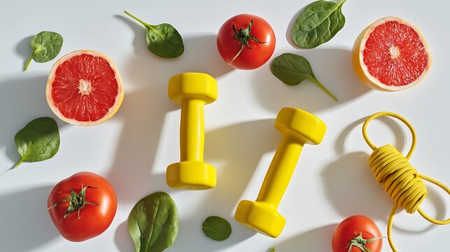 Vibrant Flat Lay Healthy Lifestyle Composition of Fresh Produce and Fitness Equipment