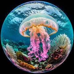 Graceful jellyfish swimming in a vibrant coral reef underwater photography marine life colorful environment close-up view