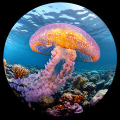 Majestic jellyfish swimming through coral reef underwater scene marine environment deep sea view nature's wonder
