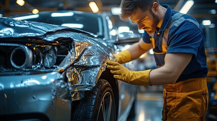 Auto mechanic inspecting damage on a silver car in a repair shop