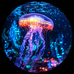 Bioluminescent jellyfish floating in a vibrant ocean underwater photography serenity aquatic viewpoint marine life