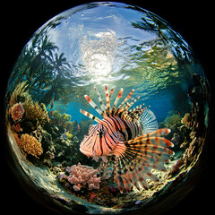 Lionfish swimming gracefully in vibrant coral reef underwater paradise marine life tropical environment wide-angle view