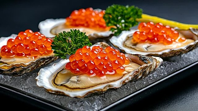 Luxury Oysters with Red Caviar on Ice
