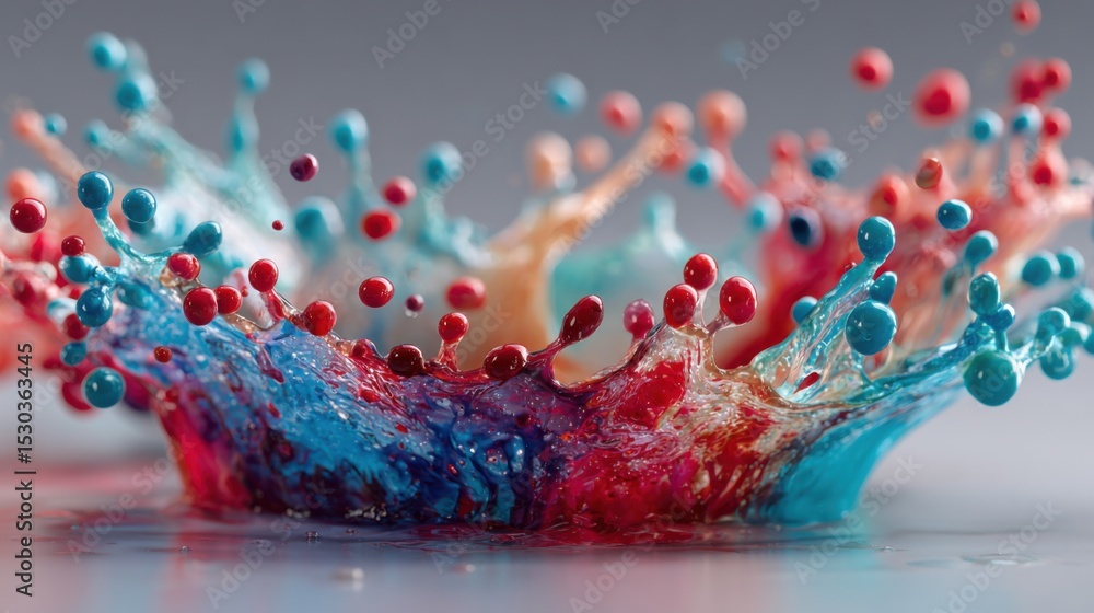 Poster droplets of red and blue liquid collide dramatically, forming a vivid splash pattern against a smoot
