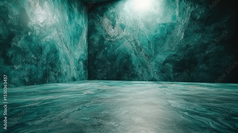 Poster dark teal room with marbled walls and floor, illuminated by a single light source, creating dramatic