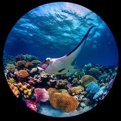 Manta ray swimming in vibrant coral reef underwater paradise marine life photography ocean environment wide-angle view