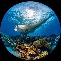 Manta ray swimming gracefully among coral reefs underwater scene tropical ocean vibrant ecosystem
