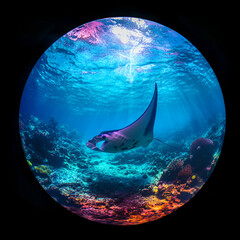 Manta ray swimming in coral reef underwater scene marine life vibrant ocean wide angle view nature exploration
